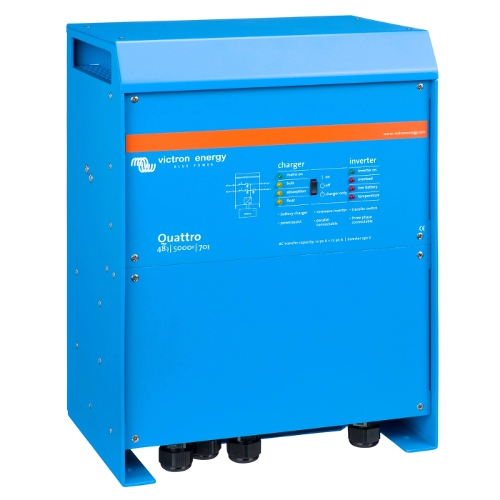 Victron Quattro 48/5000 70-100/100 120 V VE.Bus UL 1741 inverter/charger angled front view