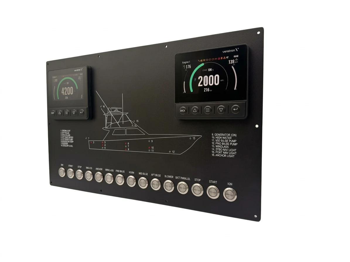 Custom marine switch panel with dual Veratron digital displays and push-button switches