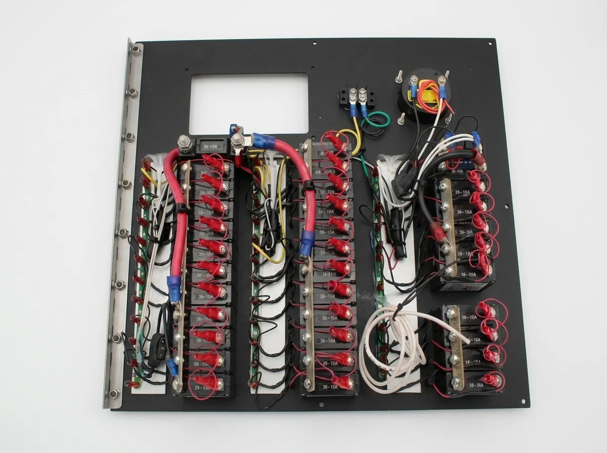 Custom marine electrical assembly with labeled breakers, wiring, and protection components