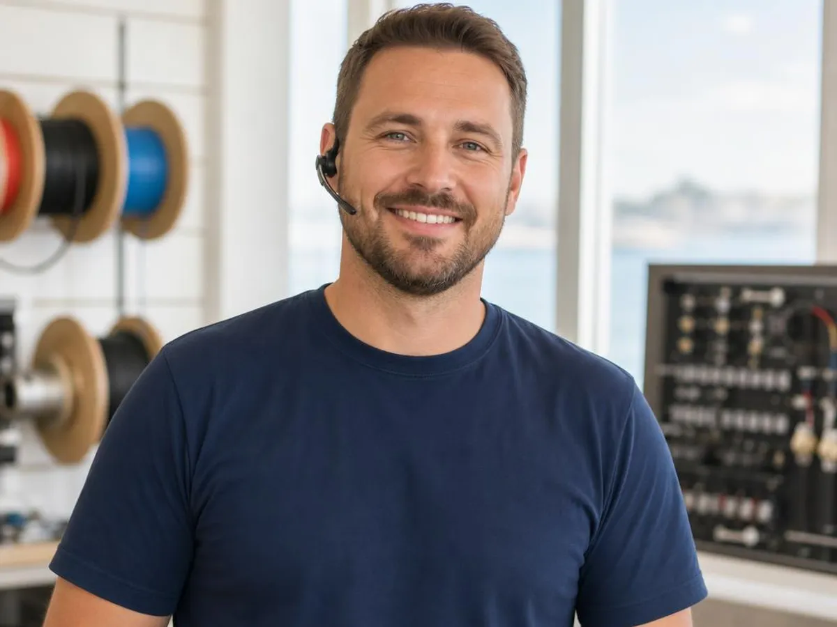 Support specialist in a navy t-shirt and headset at the workshop bench