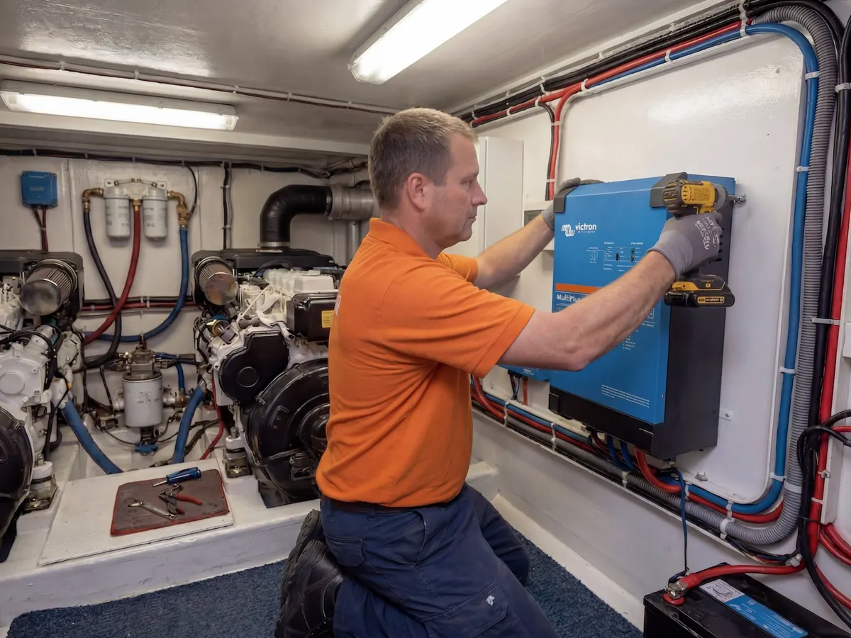 Sparky's Marine Tech technician mounting a Victron inverter in a boat engine room